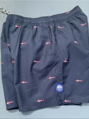 AFTCO Navy Swim Trunks with Red Marlin Embroidery